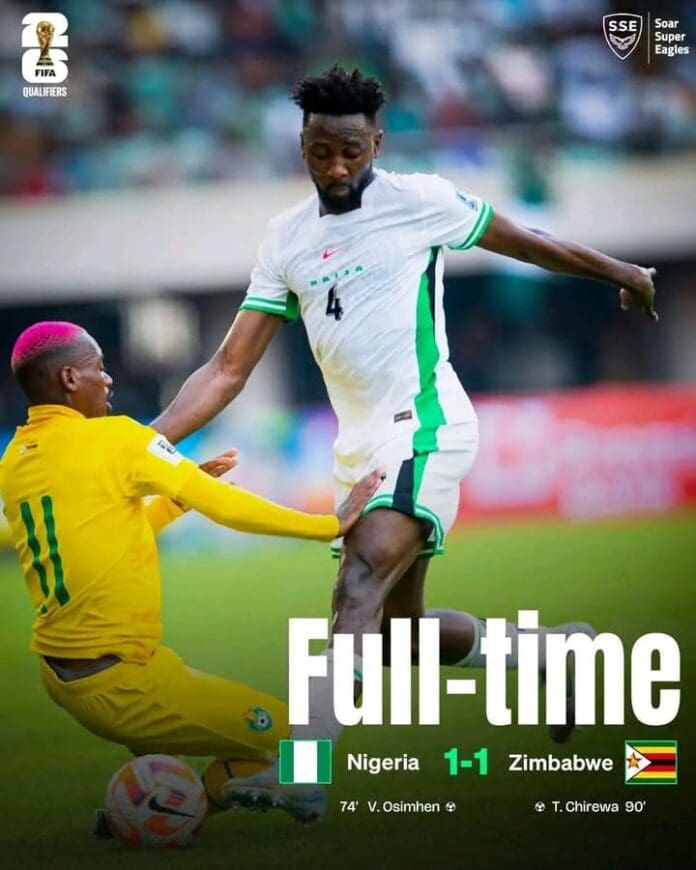 Scoreline of Nigeria vs Zimbabwe match on Tuesday. Photo credit: Facebook/Super Eagles Media Hub.