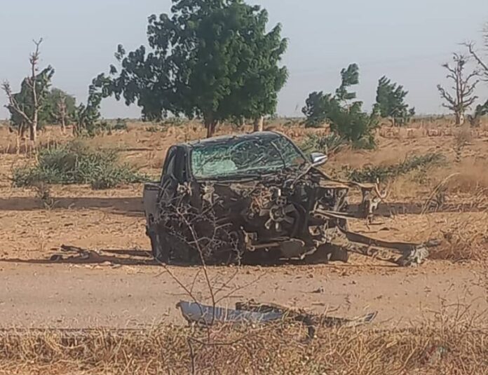 Police vehicle struck by landmine on major Borno highway. Photo credit: X@ZagazOlaMakama.