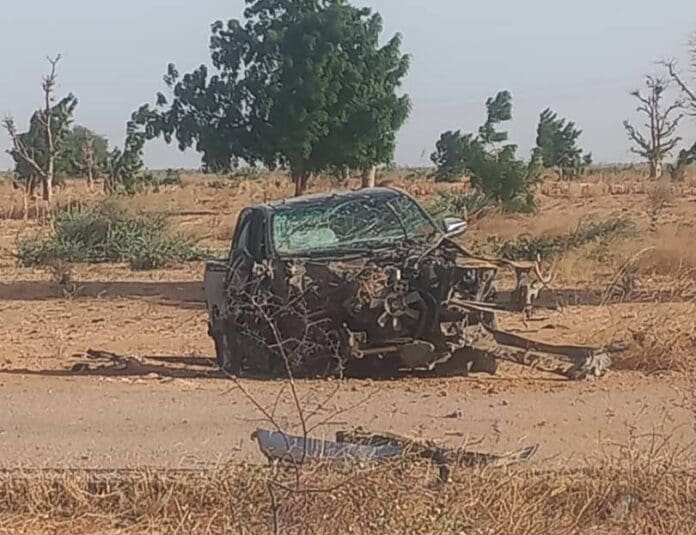 Police vehicle struck by landmine on major Borno highway. Photo credit: X@ZagazOlaMakama.