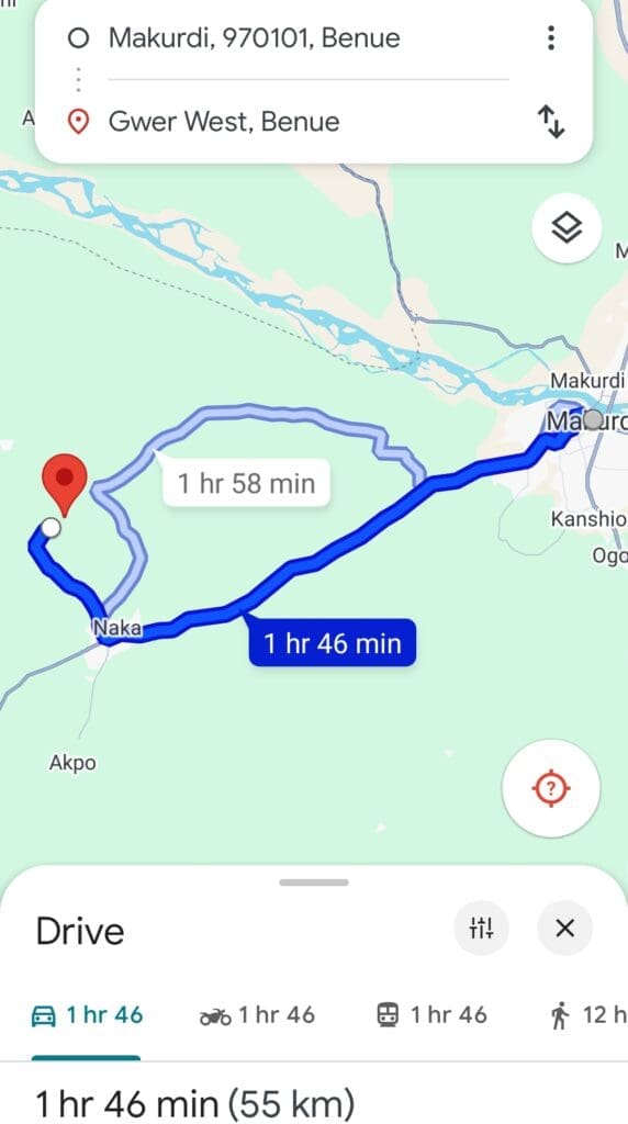 Geographical location of Gwer West from Makurdi