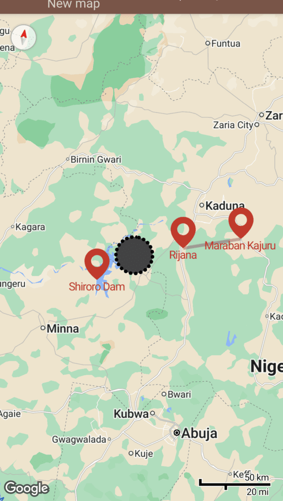 Map showing Maraban Kajuru, Rijana and Shiroro dam with dark circle showing where there is large concentration of bandit camps (Credit: Luka Binniyat produced from Tool map)