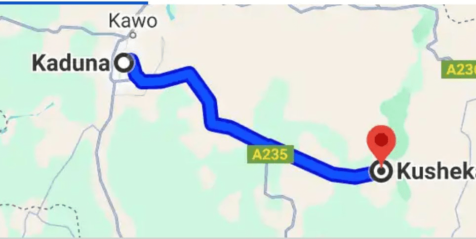 Google Map showing location of Kusheka from KadunaGoogle Map showing location of Kusheka from Kaduna