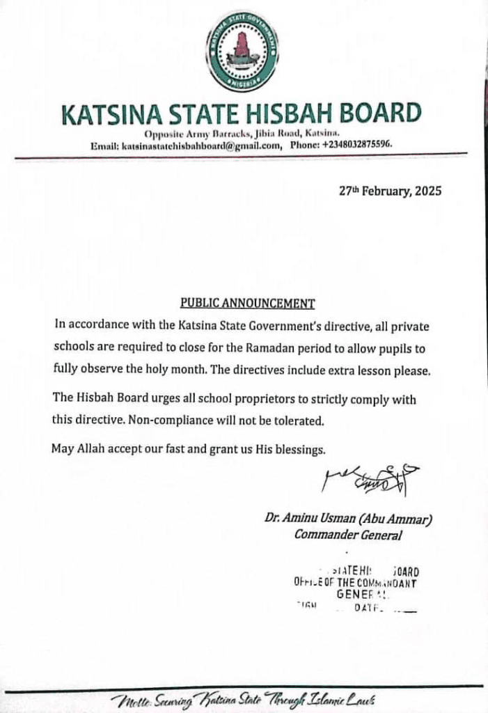 Public Announcement Letter By Hisbah Board.
Courtesy: Katsina state Hisbah Board