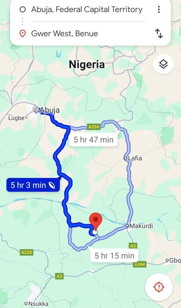 Geographical location of Gwer-West county from Abuja