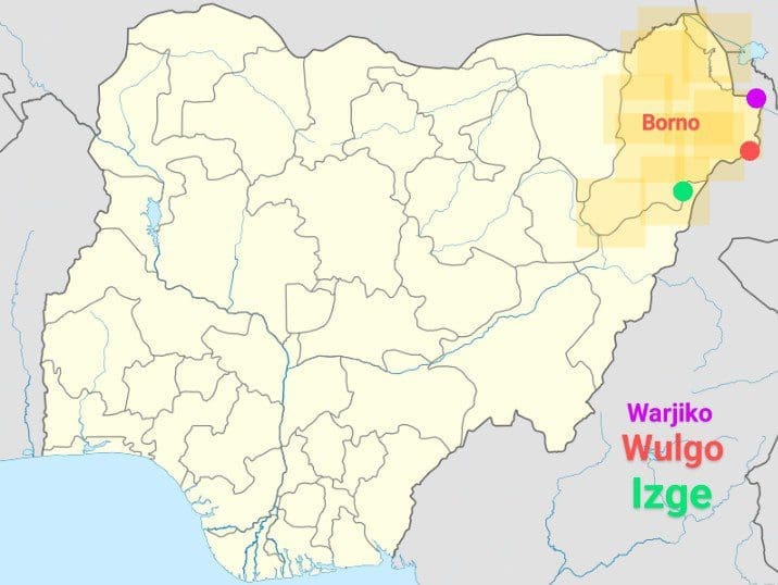 Map of Nigeria showing Borno state and colored dots representing areas (Wajirko Wulgo and Izge Counties). Courtesy: Segun Onibiyo (drawn using AI).