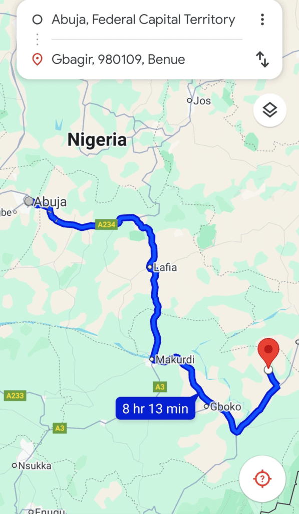 Geographical location of Gbagir from Abuja