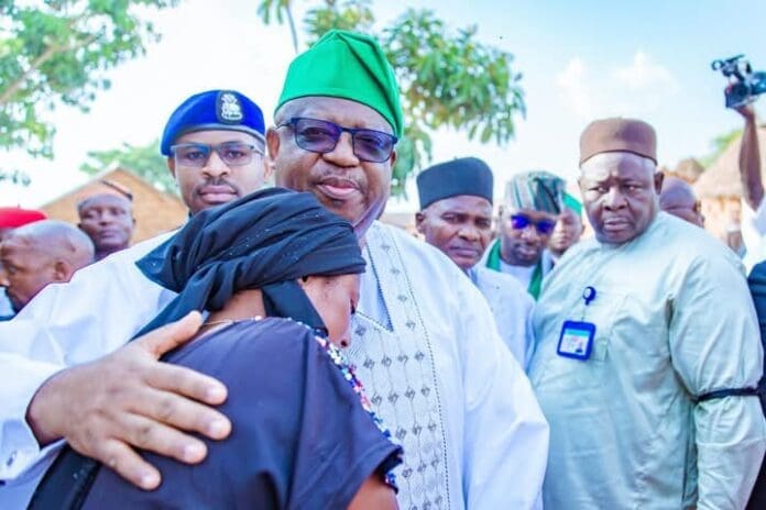 Governor Caleb Mutfwang during a visit to a Plateau community after aFulani militia attack to commiserate with victims. Photo credit: Facebook/Caleb Mutfwang. 