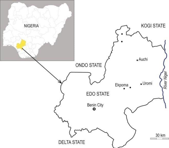Map of Nigeria showing Edo state and Uromi. CREDITS - Perpetua Ose Igberaese and Omonike Ogbole. ResearchGate https://www.researchgate.net/figure/Map-of-the-Esan-part-of-Edo-State-highlighting-the-Local-Government-Area-surveyed_fig1_331958883