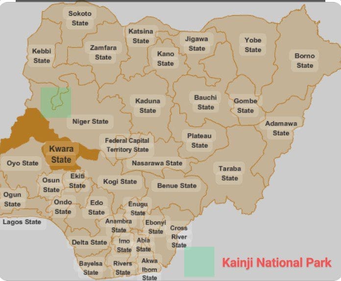 Map of Nigeria showing Niger and Kwara states with Kanji National Park Map captured in light green. Courtesy: Segun Onibiyo (drawn using AI.)