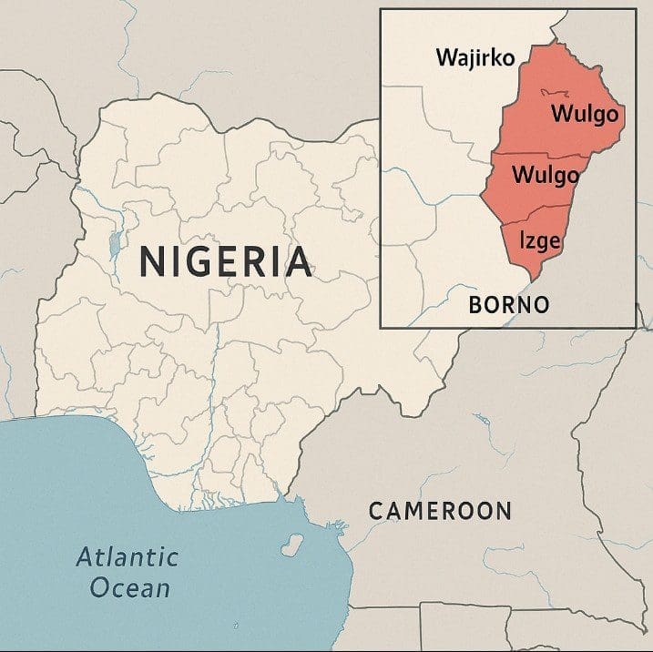 Map of Nigeria showing Wajirko, Wulgo, Izge local government areas in Borno state. Courtesy: Segun Onibiyo (Drawn with AI)