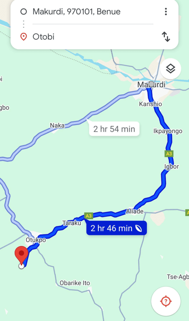 google map indicating location of terrorist occupation of Otukpo. Credit Mike Odeh James.