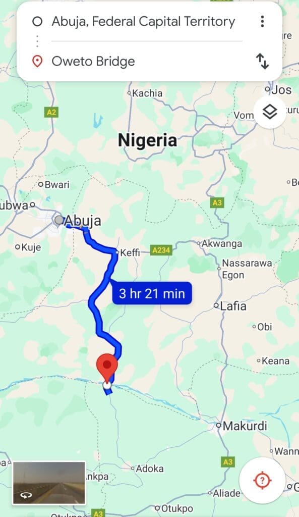 Geographical location of Oweto in Agatu County from Abuja and Makurdi Credit: Google map
