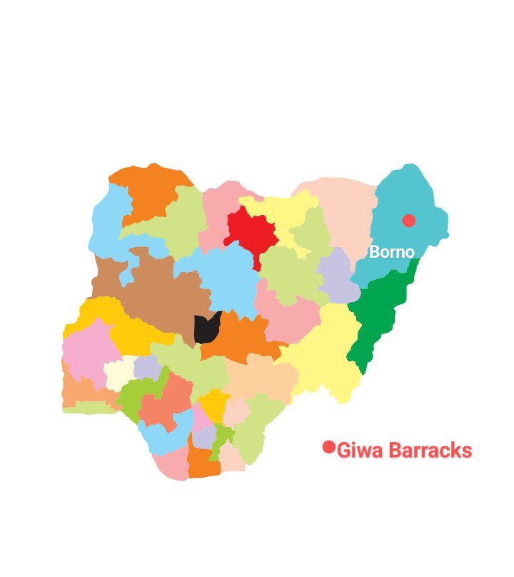 Map of Nigeria showing location of Giwa barracks in Borno state. Courtesy: Produced by Segun Onibiyo