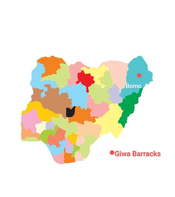 Map of Nigeria showing location of Giwa barracks in Borno state. Courtesy: Produced by Segun Onibiyo