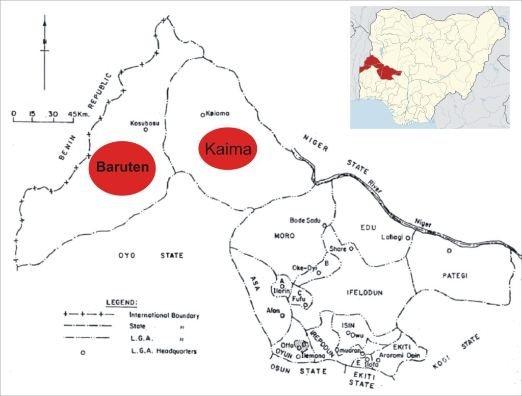 Map of Kwara stste showing Kaima and Baruten counties circled in red colour.