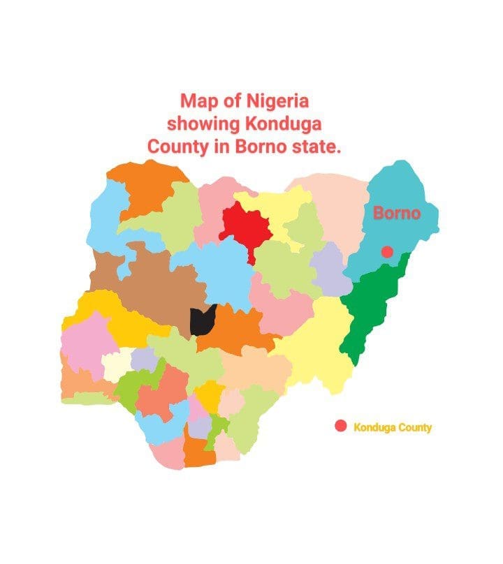 Map of Nigeria showing the 36 states and Konduga county in Borno state. Courtesy: Produced by Segun Onibiyo