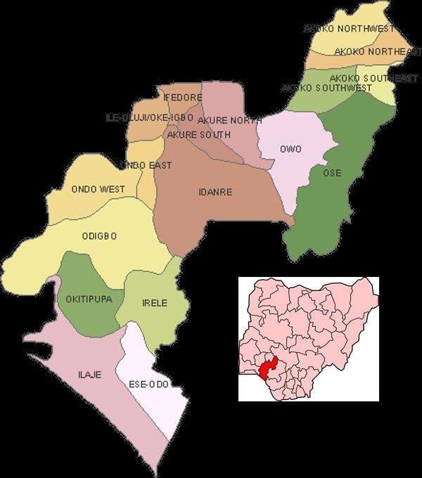 Map of Ondo State showing the 18 Counties (local government areas). The inserted map is that of Nigeria with the location of Ondo State in red color. Credit: https://www.researchgate.net/publication/325710289_Effects_of_Changes_in_Temperature_Rainfall_and_Relative_Humidity_on_Banana_Production_in_Ondo_State_Nigeria/figures?lo=1.