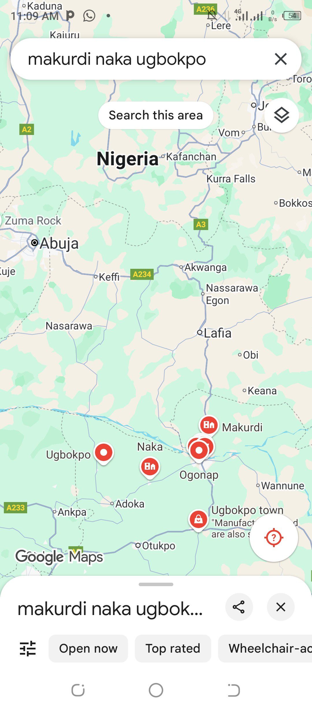 Map showing location of Abuja, Makurdi, Gwer-West and Apa
Credit: Google map