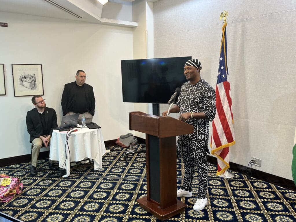 Franc Utoo speaks at the July 24, 2025 press conference on persecution in Nigeria. Photo by Doug Burton/TruthNigeria.