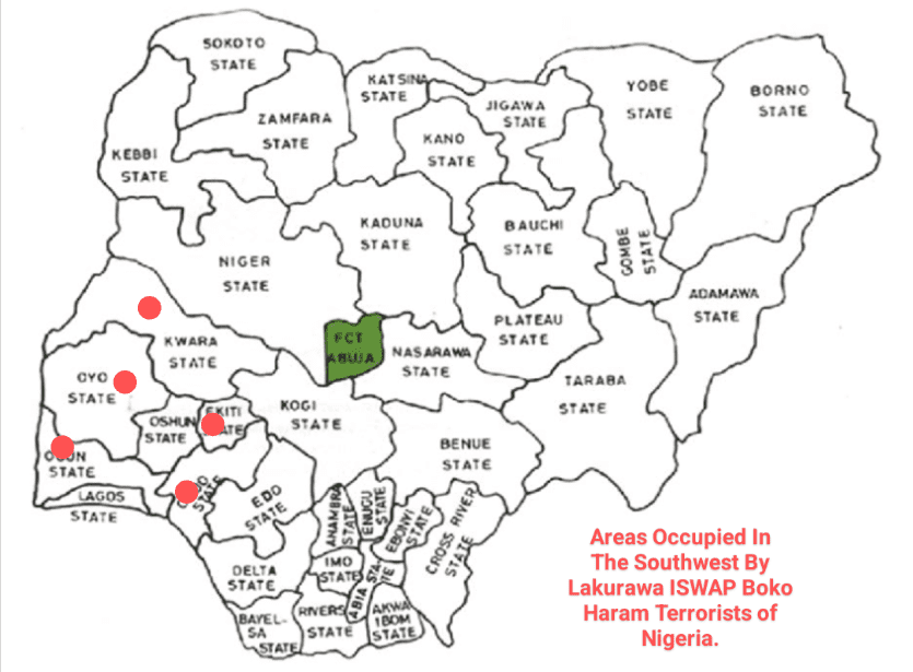 Map of Nigeria showing the 36 states including the Southwest states covered by the Amotekun Corps Map Courtesy: Segun Onibiyo