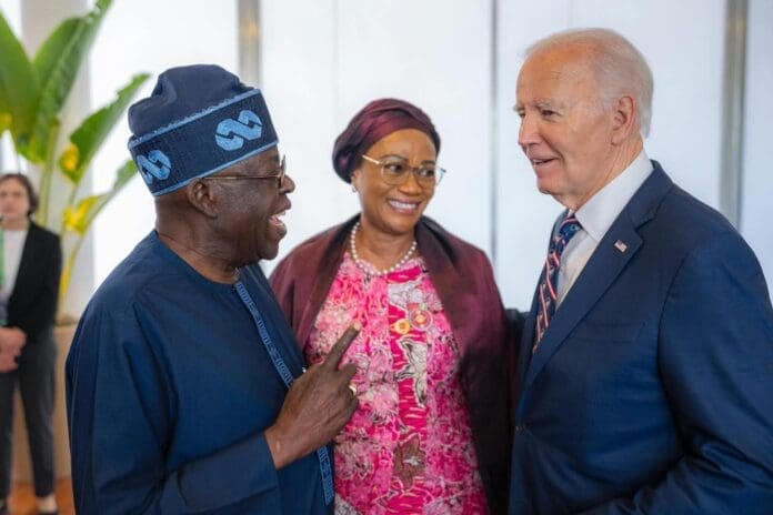 L-R: President Bola Tinubu, First Lady Oluremi Tinubu, and former U.S. President Joe Biden. Credit: Facebook/Asiwaju Bola Ahmed Tinubu. 