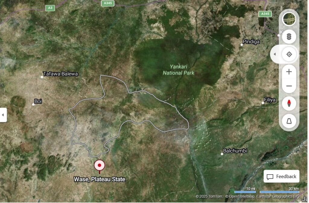 Satellite image of Wase showing battle site Yankari Game reserve. 