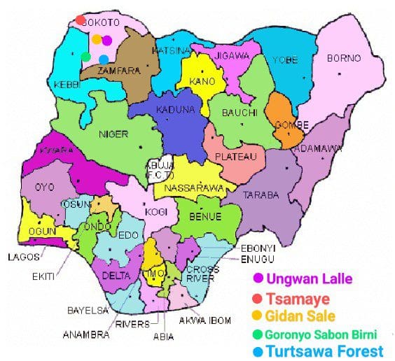 Map of Nigeria showing 36 states including Sokoto state and Dan Dari Biyar's major crime locations. Picture & Label Courtesy: Wikipedia and Segun Onibiyo