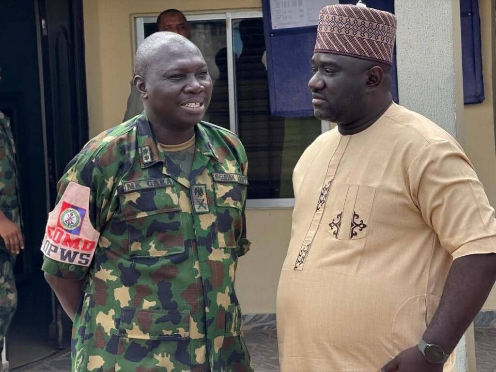 Melvin James Ejeh, Agatu County Chairman and Maj. Gen Moses Gara, Field Commander of Operation Whirl Stroke (OPWS), on Thursday at OPWS Headquarter in Makurdi. 