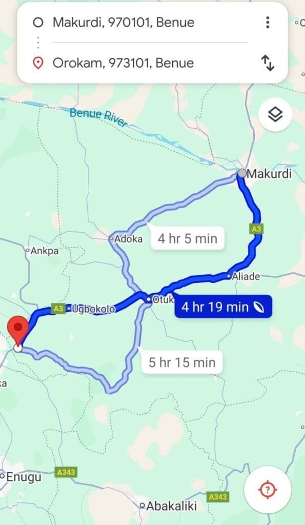 Geographical location of Orokam from Makurdi, the Benue State Capital.