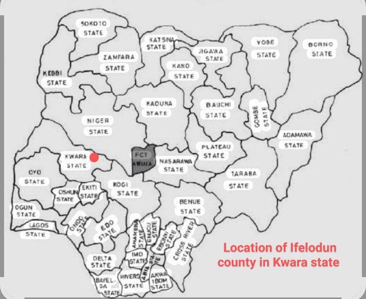 Map of Nigeria showing the 36 states including location of Ifelodun county in Kwara state. Picture Courtesy: Google. Marking by Onibiyo Segun