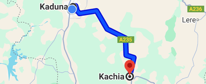 Map of Kachia County showing its distance from State Capital , Kaduna.