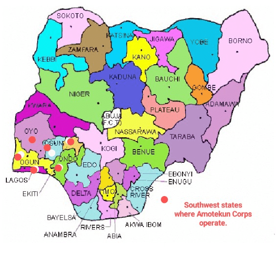 Map of Nigeria showing 36 states including 6 Southwest States where Amotekun Corps operate.  Picture Courtesy: Wikipedia, edited by Segun Onibiyo