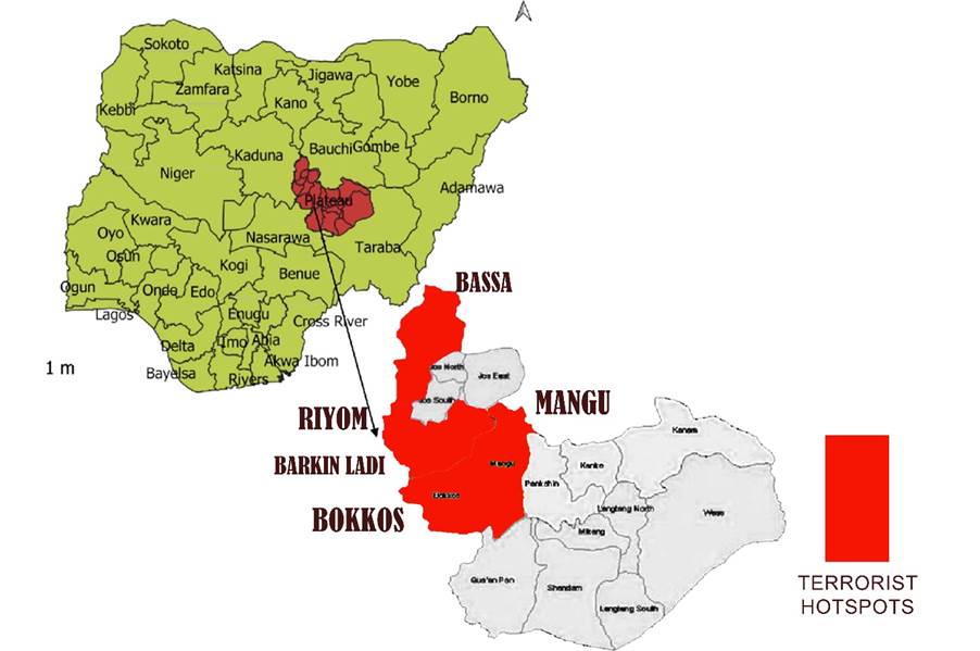 A map of Plateau State showing some major terror hotspots in red. Credit Masara Kim
