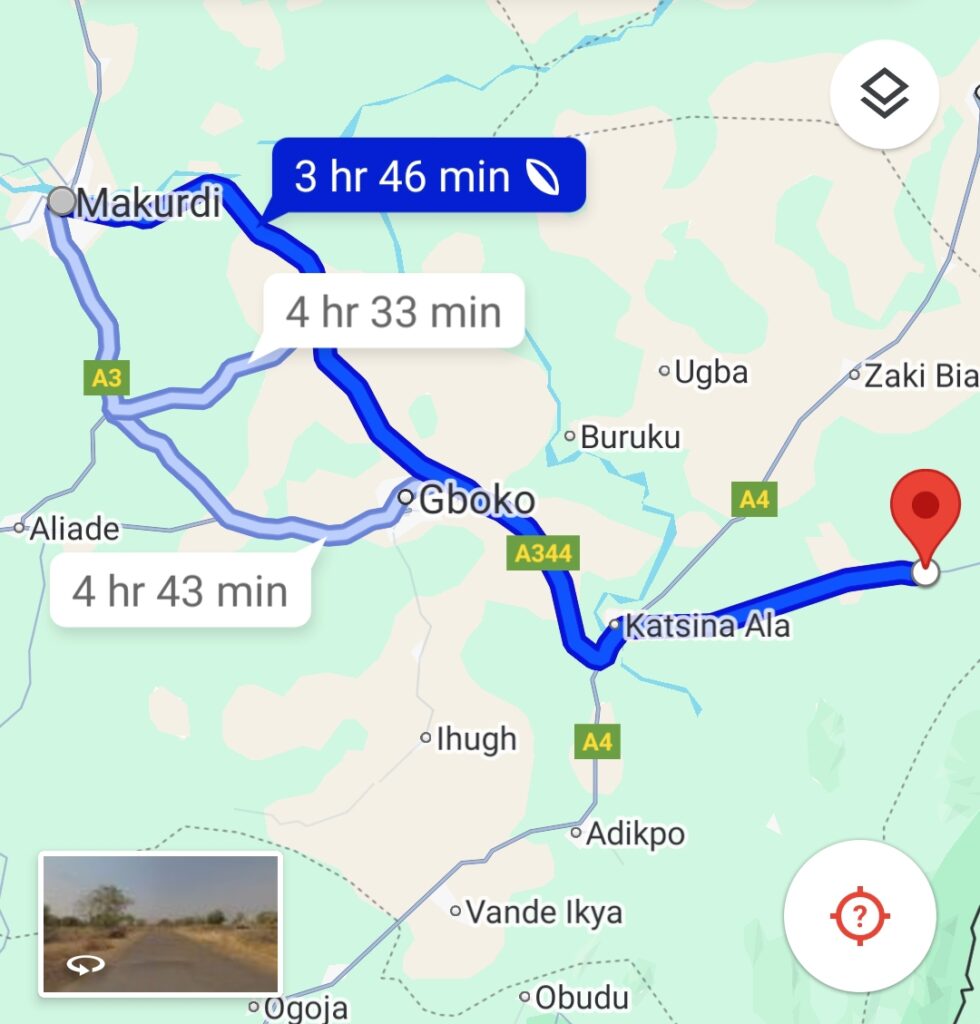 Location of Katsina-Ala from Makurdi
Credit: Google map