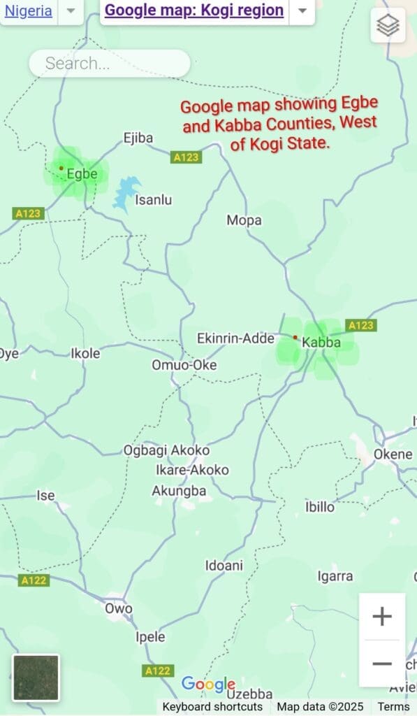Google map showing location of Egbe and Kabba county in Kogi state. Map Courtesy: Google