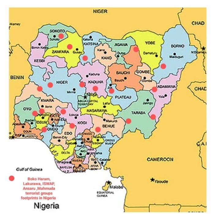 Map of Nigeria showing Boko Haram and splinter group's footprints. Picture Courtesy: Google Maps. Markings done by Onibiyo Segun.