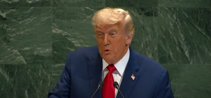 President Donald Trump speaks at the the 80th session of the United Nations General Assembly on September 23, 2025. Image is from the White House video.