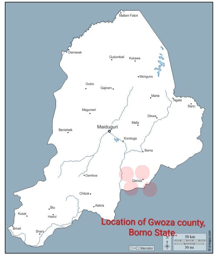 Picture showing the map of Borno state and location of Gwoza county. Picture Courtesy: Borno state Government