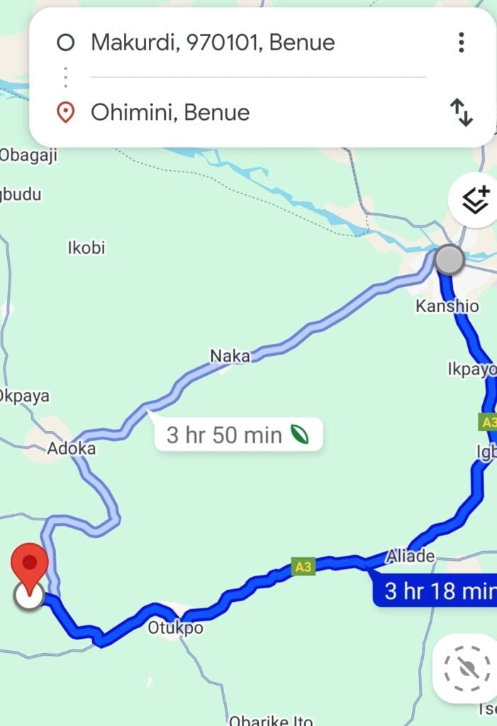 Distance of Ohimini from Makurdi, the Benue State Capital Credit: Google map