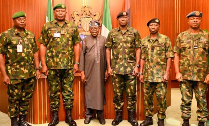 President Tinubu meets new service chiefs. Photo by Nigerian government.