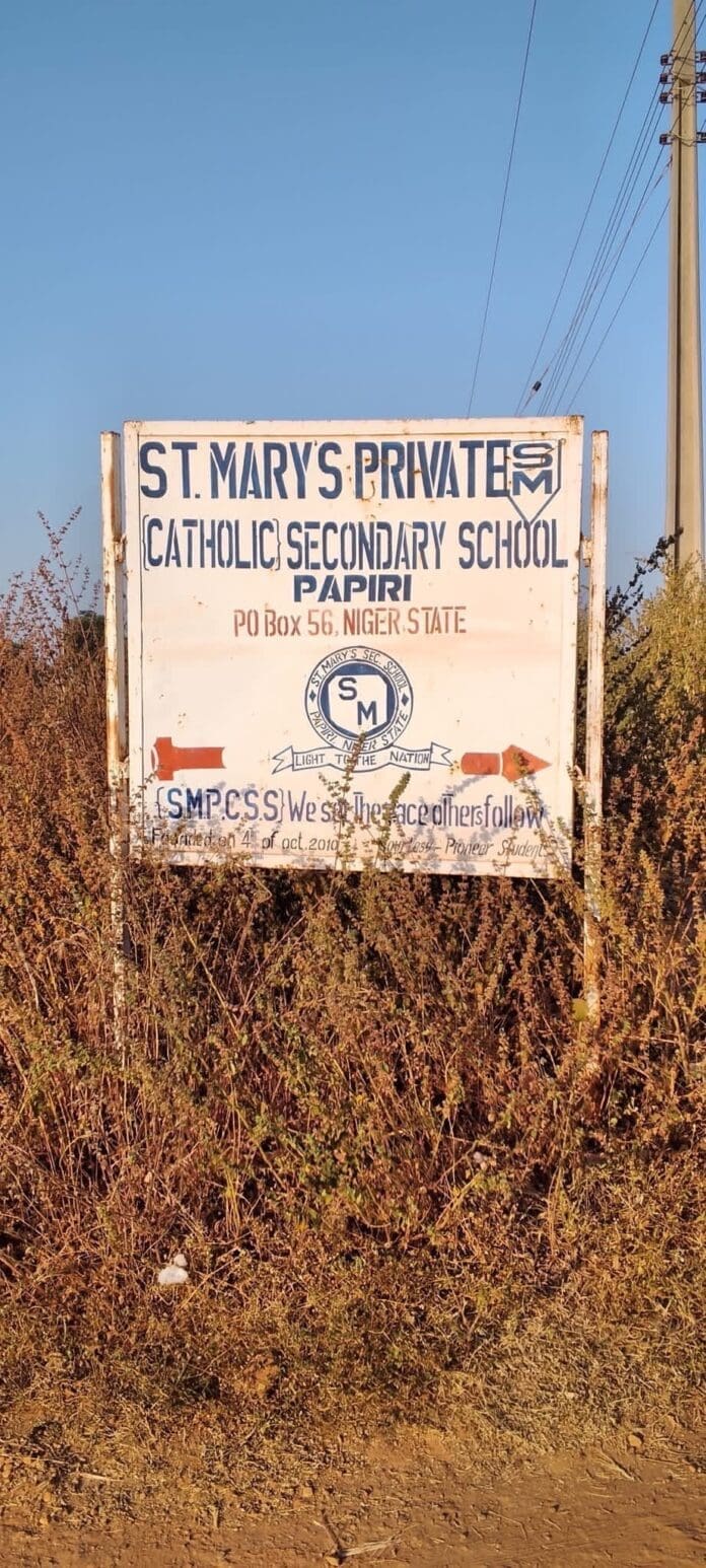 The signboard of St. Mary’s Private Catholic Secondary School in Papiri, Niger State. (Credit: Catholic Diocese of Kontagora/Facebook).