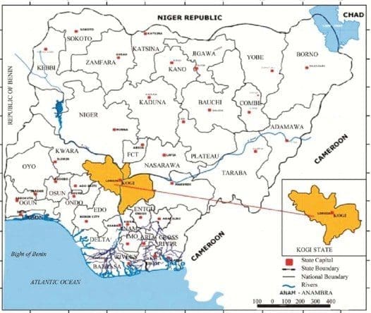 Map of Nigeria showing 36 states and location of Kabba-Lokoja road, Kogi state, North Central (Middle Belt) Nigeria. Map Courtesy: Research Gate