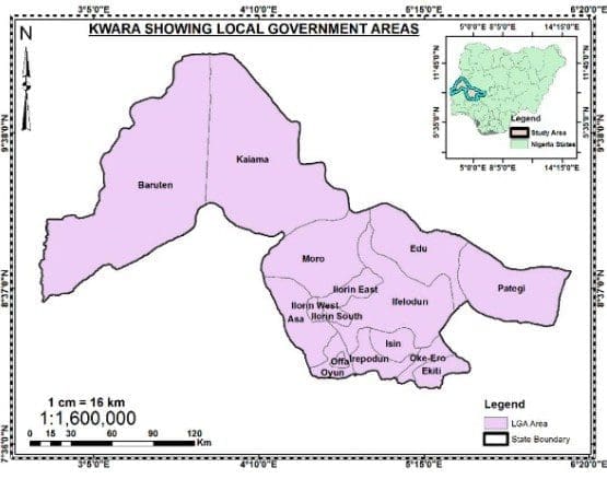 Map of Kwara showing location of Eruku in Ekiti county, Kwara state. Map Courtesy: Research Gate