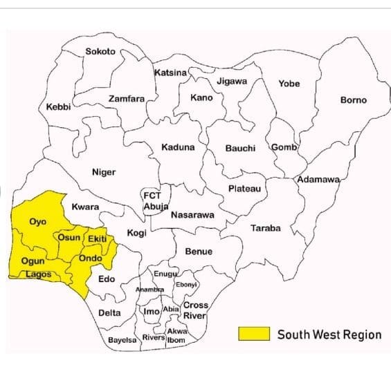 Map of Nigeria showing 36 states including the Southwest states in yellow. Picture Courtesy: Research Gate