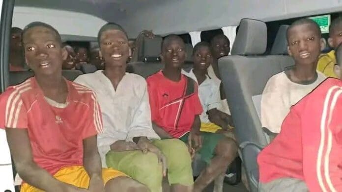 Pictures of some of the 100 released St Mary Catholic Church, Papiri pupils in a bus on the night of 7th December, 2025 in a bus conveying them to Headquarters of Kontagora Diocese, Kontagora, Niger State. (Credit: Diocese of Kontagora).