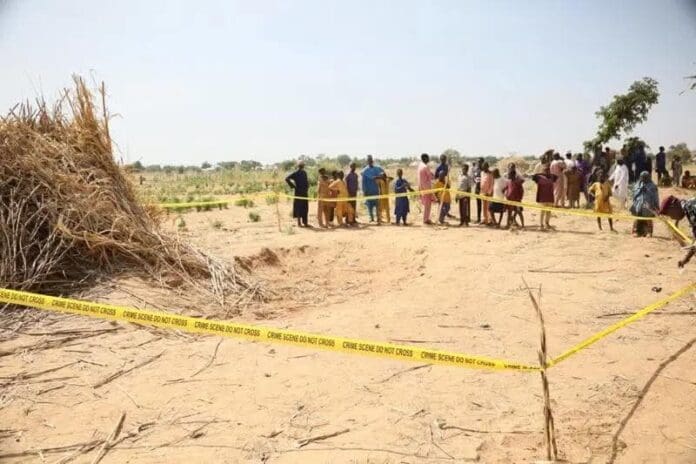 A cordone at a crater created by the missile that hit the outskirts of Jabo town, Friday (Credit: Facebook).
