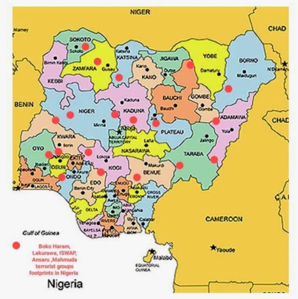 Terrorist group's footprints in Nigeria. Picture Courtesy: Google - marking by Onibiyo Segun.