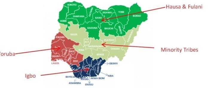 Map of Nigeria showing Hausa and Fulani enclave in green among other Nigeria ethnic groups. Credit: Researchgate.