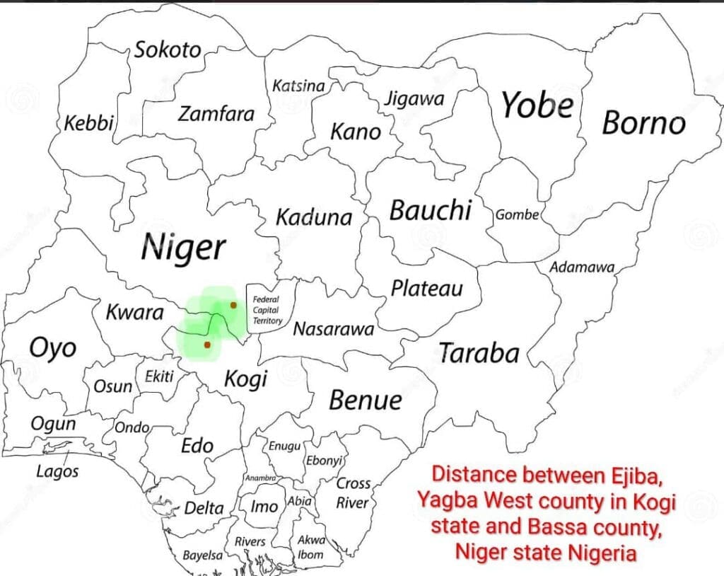 Map of Nigeria showing 36 states including distance between Ejiba in Yagba West County in Kogi state and Bassa county in Niger state. Map Courtesy: Onibiyo Segun