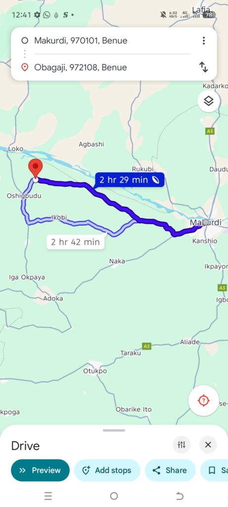Geographical location of Agatu from Makurdi Credit: Google map